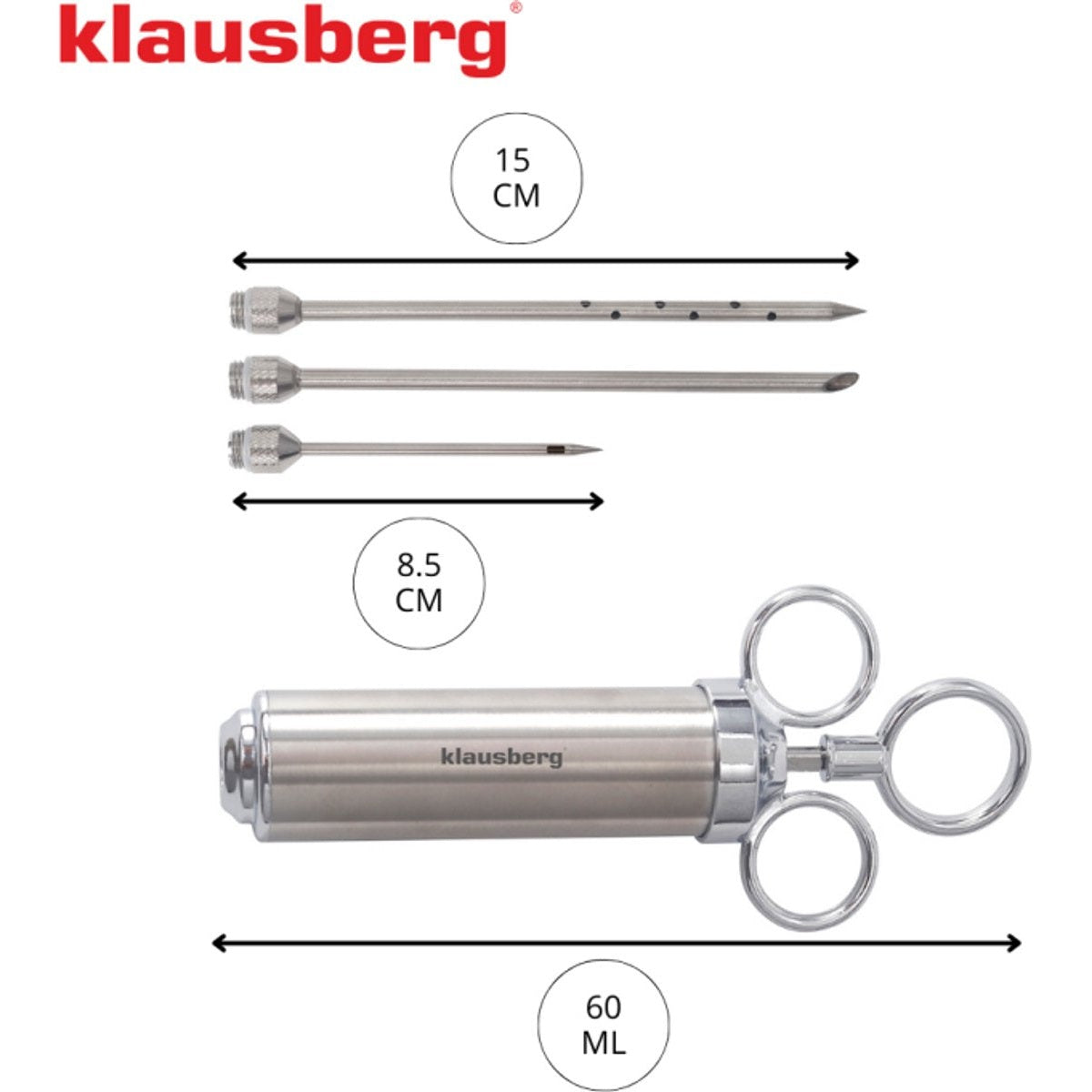 KLAUSBERG KB-7842 Vlees Marinade Spuit – RVS, 60 ml, Set met 3 Naalden & Accessoires - BBQ Accesoire - Vlees Injectiespuit - Injector