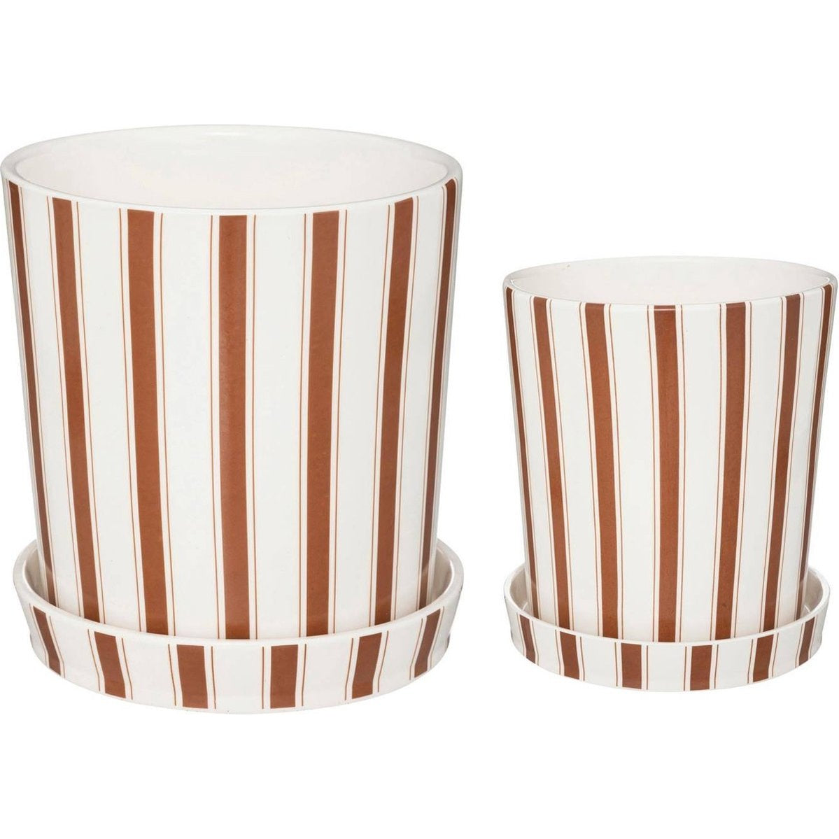 Keramische bloempotten met streepjespatroon en onderzetters Rivi