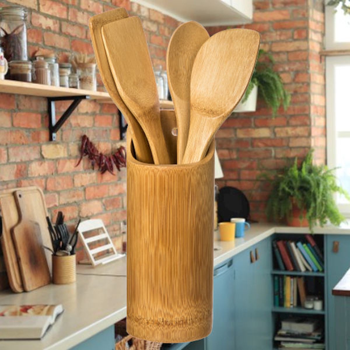 Keukengerei houder Set - 5 Delige keukengerei Set - Organizer rond - Spatel set + Houder- Bamboe Hout