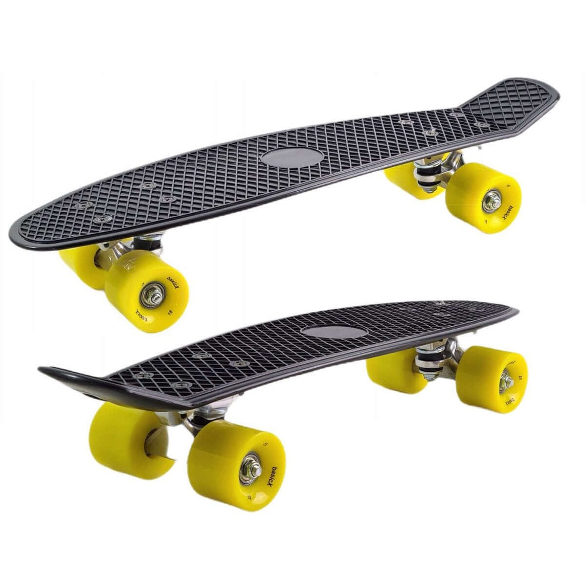 Kiamo Pennyboard – Mini Skateboard 57cm – Zwart Deck met Gele Wielen – ABEC-5 – PU-dempers – Max. 100kg