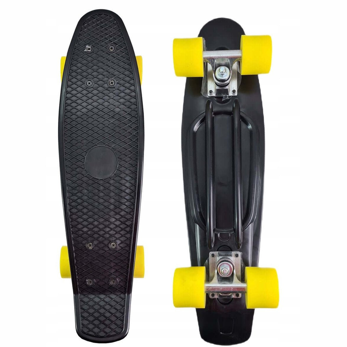 Kiamo Pennyboard – Mini Skateboard 57cm – Zwart Deck met Gele Wielen – ABEC-5 – PU-dempers – Max. 100kg