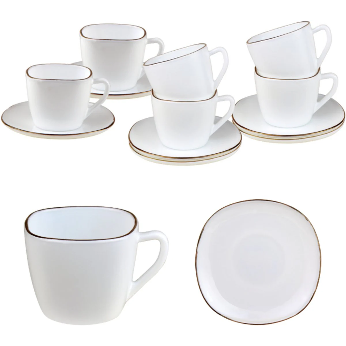 KingHoff Vierkante Kop en Schotel Set 12-delig - Wit Opaalglazen Koffiekopjes met Gouden Rand - 220 ml - Modern Design - Koffieset Schotelset