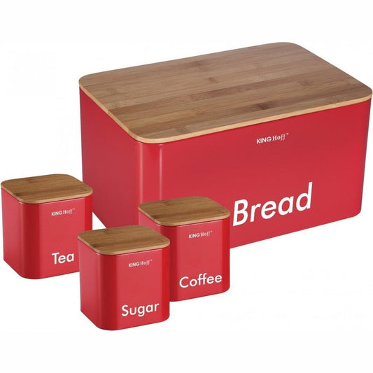 Kinghoff 1085 - Broodtrommel set - Rood - Rvs met hout - 35x23x18,5 cm