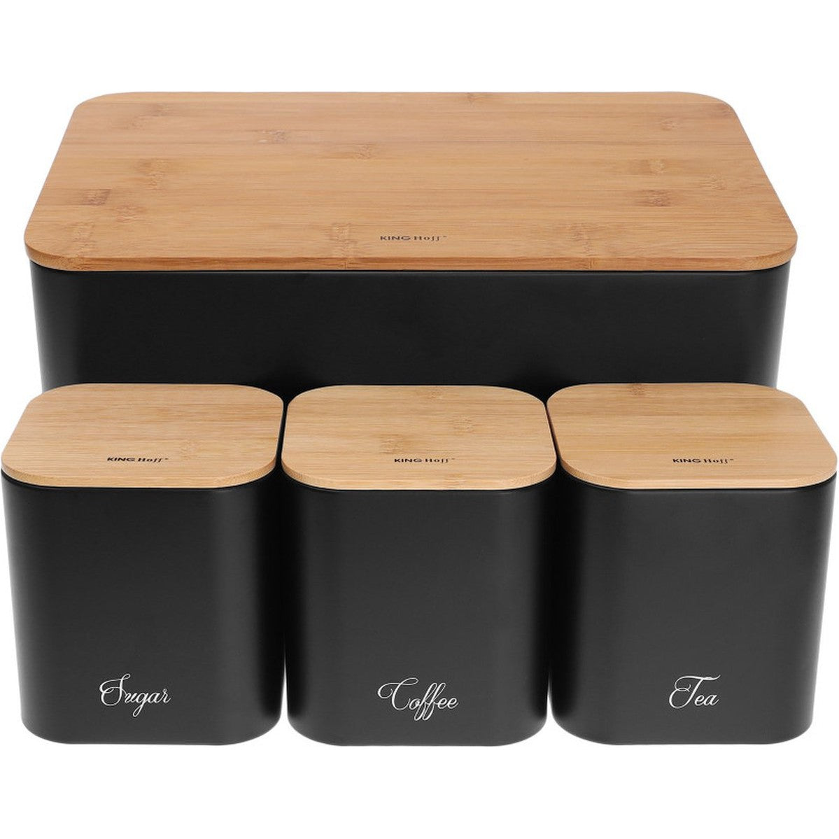 Kinghoff 1586 - Broodtrommel met voorraadbussen - Staal / bamboe - zwart