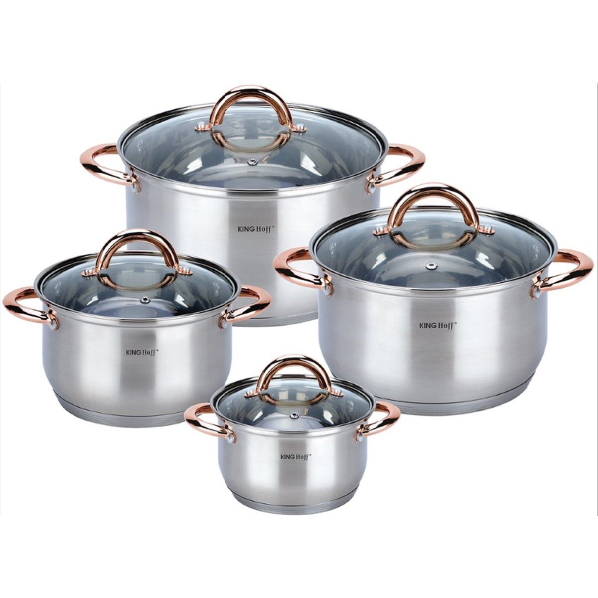 Kinghoff 1763 - 8 delige pannenset - kookpannen - 16-18-20-24 cm - met deksel - golden rose