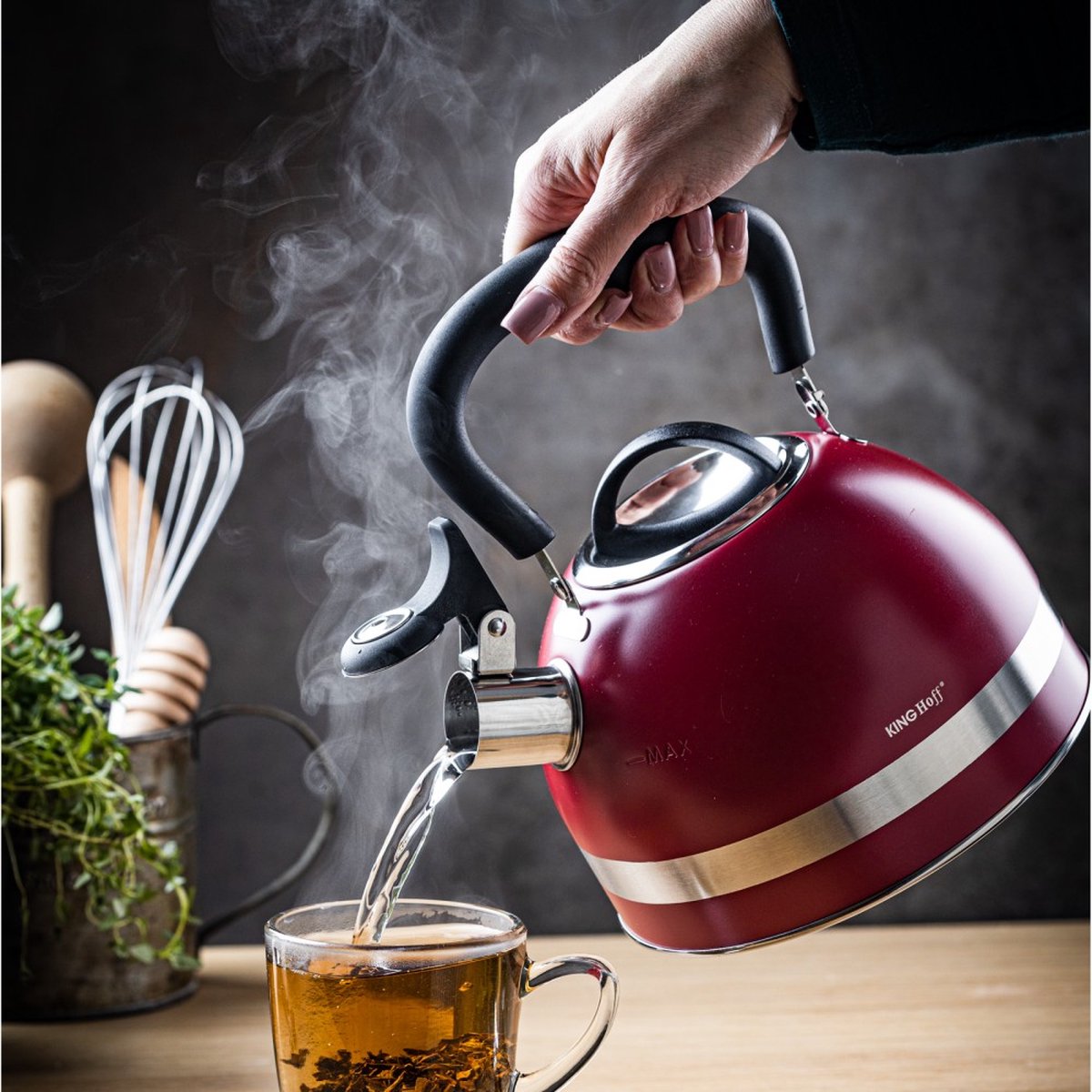 Kinghoff 1853 - Fluitketel met fluit - 1.8 liter - RVS - Rood