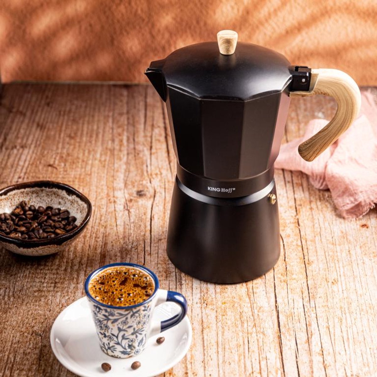 Kinghoff Aluminium Espressomaker KH-1886 – 6 Kopjes – Zwart Met Houten Handvat – Geschikt voor Inductie - 300ml - Percolator