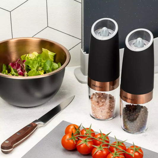 Kinghoff Elektrische Peper- en Zoutmolens – Zwaartekracht Bediening, LED Verlichting, Instelbare Maalgraad (Mat Zwart, Set van 2) - Peper en Zoutstel