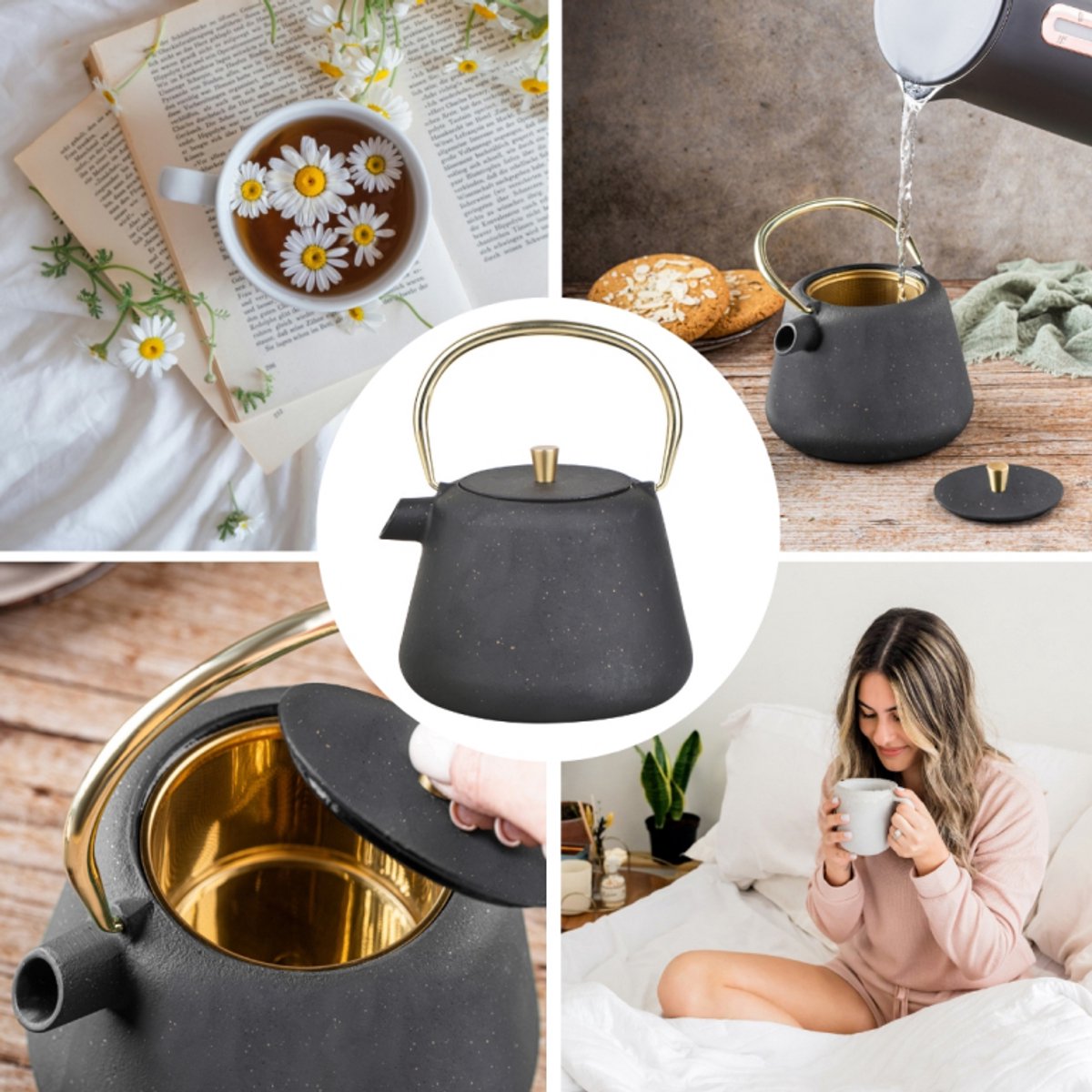 Kinghoff Gietijzeren Theepot met Zeef - 1 Liter - Zwart met Gouden Accenten - Model KH1932