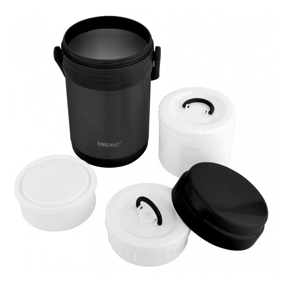 Kinghoff KH-1396 Etensthermos - Roestvrijstalen 3-delige Lunchset 1,5L - Zwart - Dubbelwandig, Lichtgewicht & Onbreekbaar