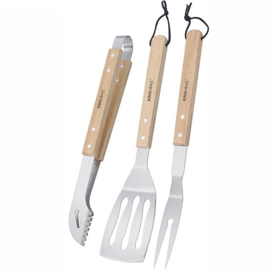 Kinghoff KH-1918 Barbecue Set 3-delig – RVS Grillset met Houten Handvatten – Tang, Spatel en Vork - Uiteraard ook geschikt voor Gasbarbecues , Kamado , Green egg en Weber.