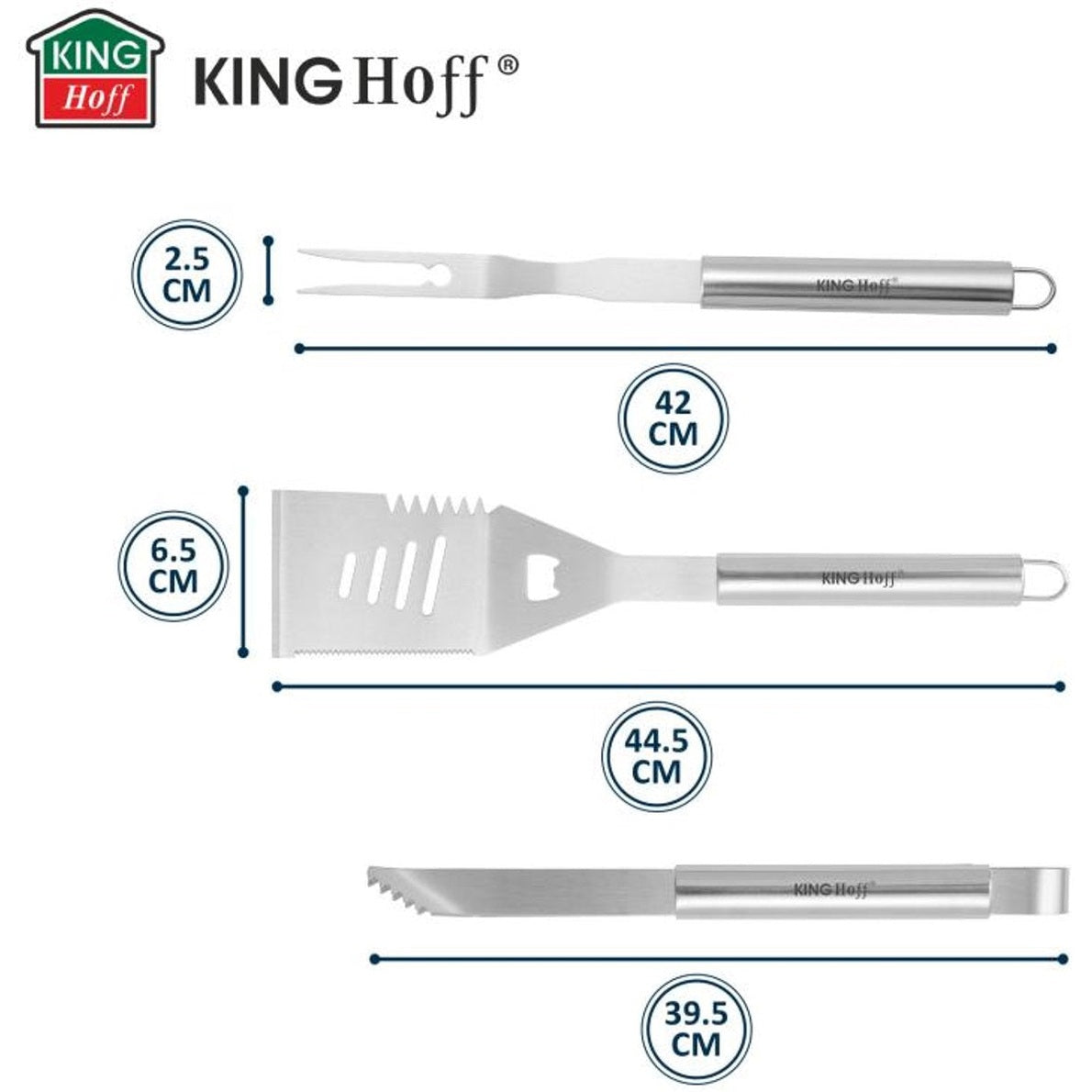 Kinghoff KH-1919 Barbecue Set 3-delig – RVS Grillset met Spatel, Vork en Tang – Duurzaam Staal, Ergonomische Handvatten - Geschikt voor Kamado