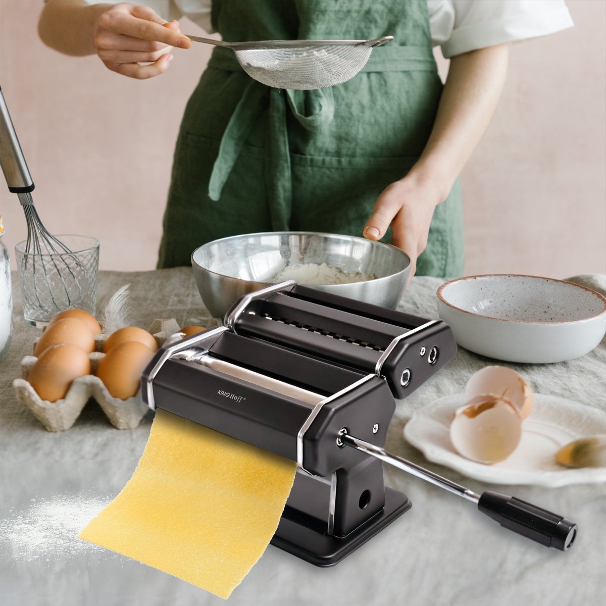 Kinghoff KH-1927 Pastamachine – Professionele Pasta Maker voor Lasagne, Tagliatelle (6mm) en Linguine (2mm) – Inklapbaar, Eenvoudig Schoon Te Maken