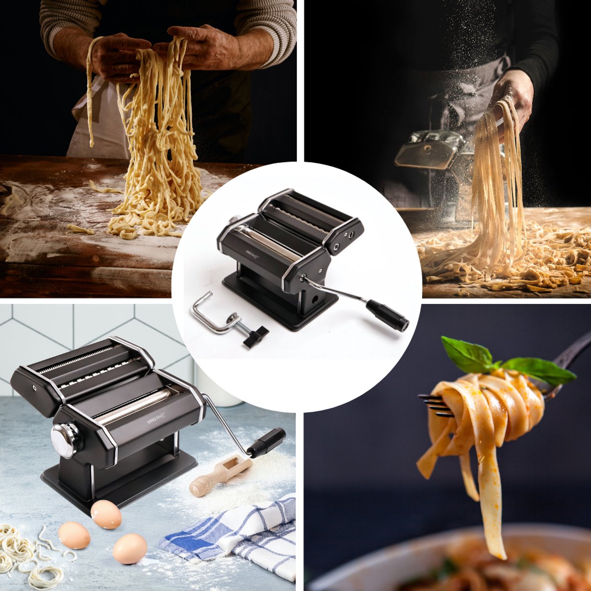 Kinghoff KH-1927 Pastamachine – Professionele Pasta Maker voor Lasagne, Tagliatelle (6mm) en Linguine (2mm) – Inklapbaar, Eenvoudig Schoon Te Maken