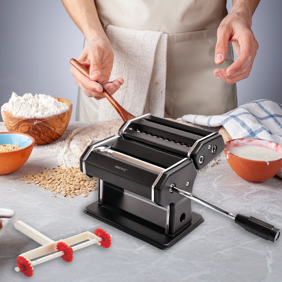 Kinghoff KH-1927 Pastamachine – Professionele Pasta Maker voor Lasagne, Tagliatelle (6mm) en Linguine (2mm) – Inklapbaar, Eenvoudig Schoon Te Maken