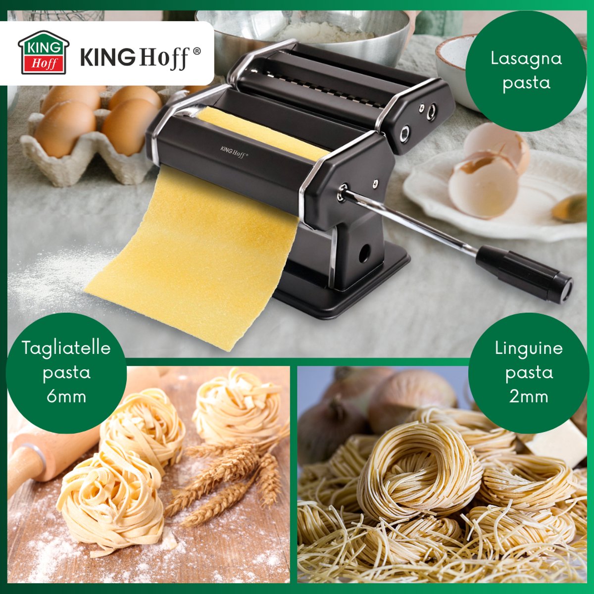 Kinghoff KH-1927 Pastamachine – Professionele Pasta Maker voor Lasagne, Tagliatelle (6mm) en Linguine (2mm) – Inklapbaar, Eenvoudig Schoon Te Maken