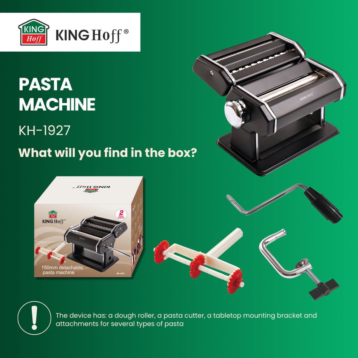 Kinghoff KH-1927 Pastamachine – Professionele Pasta Maker voor Lasagne, Tagliatelle (6mm) en Linguine (2mm) – Inklapbaar, Eenvoudig Schoon Te Maken