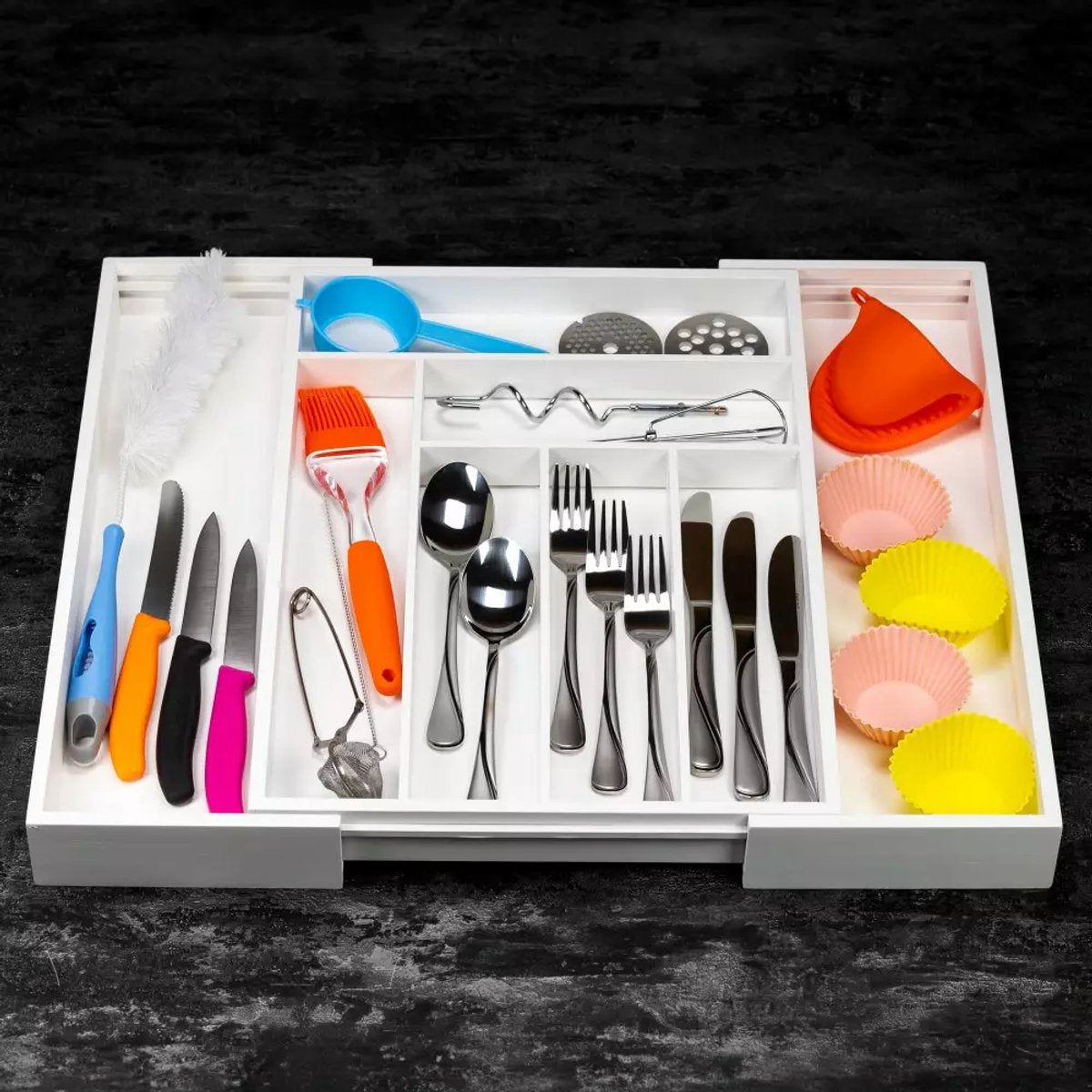 Kinghoff KH1748 Bamboe Lade-Organizer – Uitschuifbaar (31,5-52 cm), 8 Vakken, Wit - Besteklade Organizer - Bestek Organizer