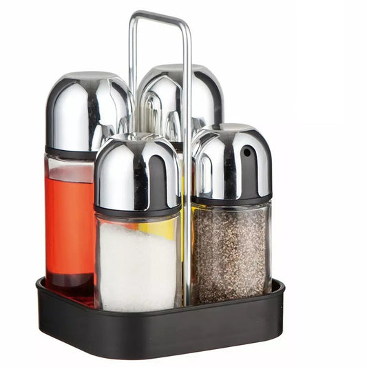 Kinghoff Kruidenstel - 5 Delig, Glas en RVS - Met Drip-Free Dispensers en Stijlvol Plateau - Zout/Peperset - Kruidenrek