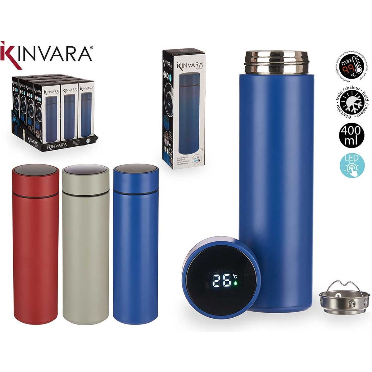 Kinvara Thermosfles met LED-scherm - Blauw - RVS - Temperatuur Display - Thermosbeker - Waterfles - 400ml