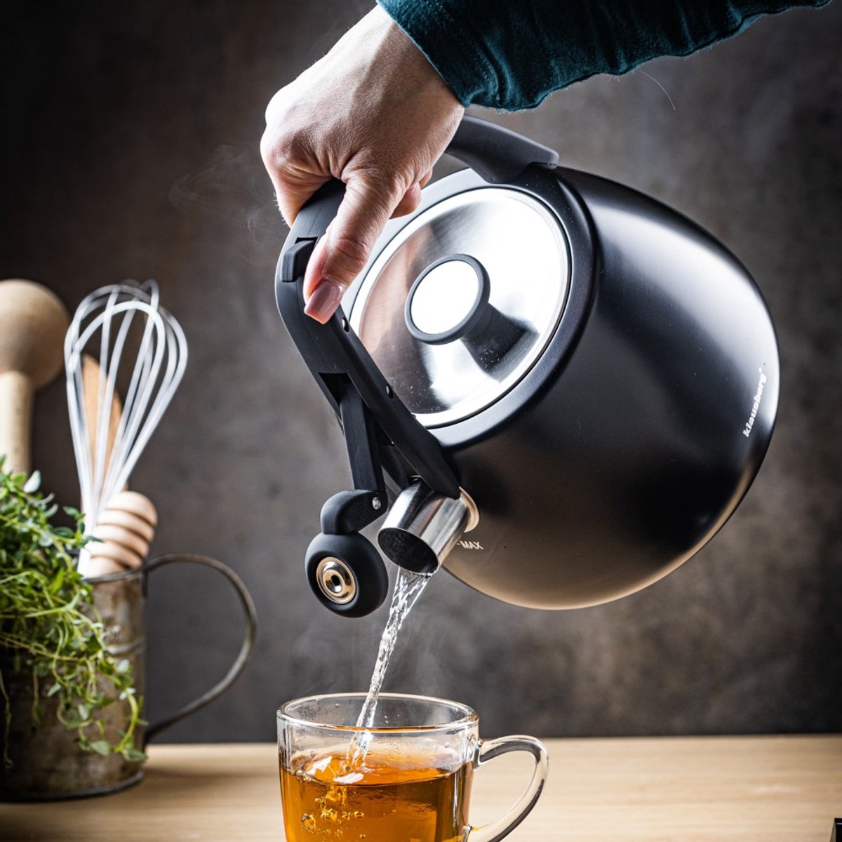 Klausberg 7774 - Fluitketel met fluit - 2.5 liter - RVS - Zwart met houten handgreep - MODESTNOVA