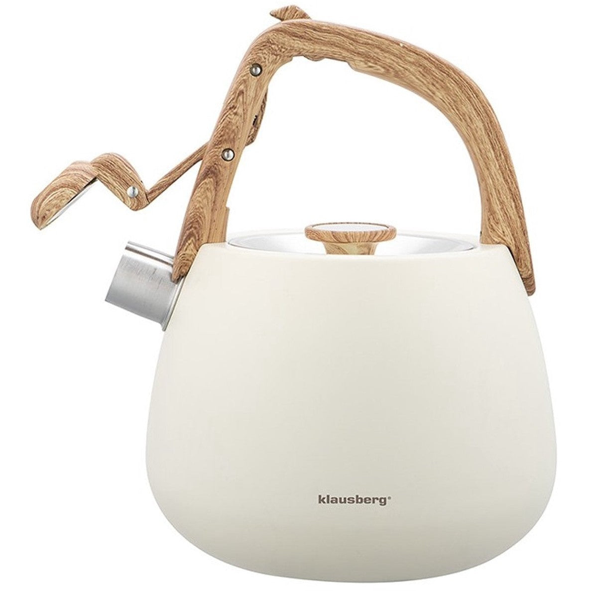 Klausberg 7775 - Fluitketel met fluit - 2.5 liter - RVS - Wit met houten handgreep - MODESTNOVA