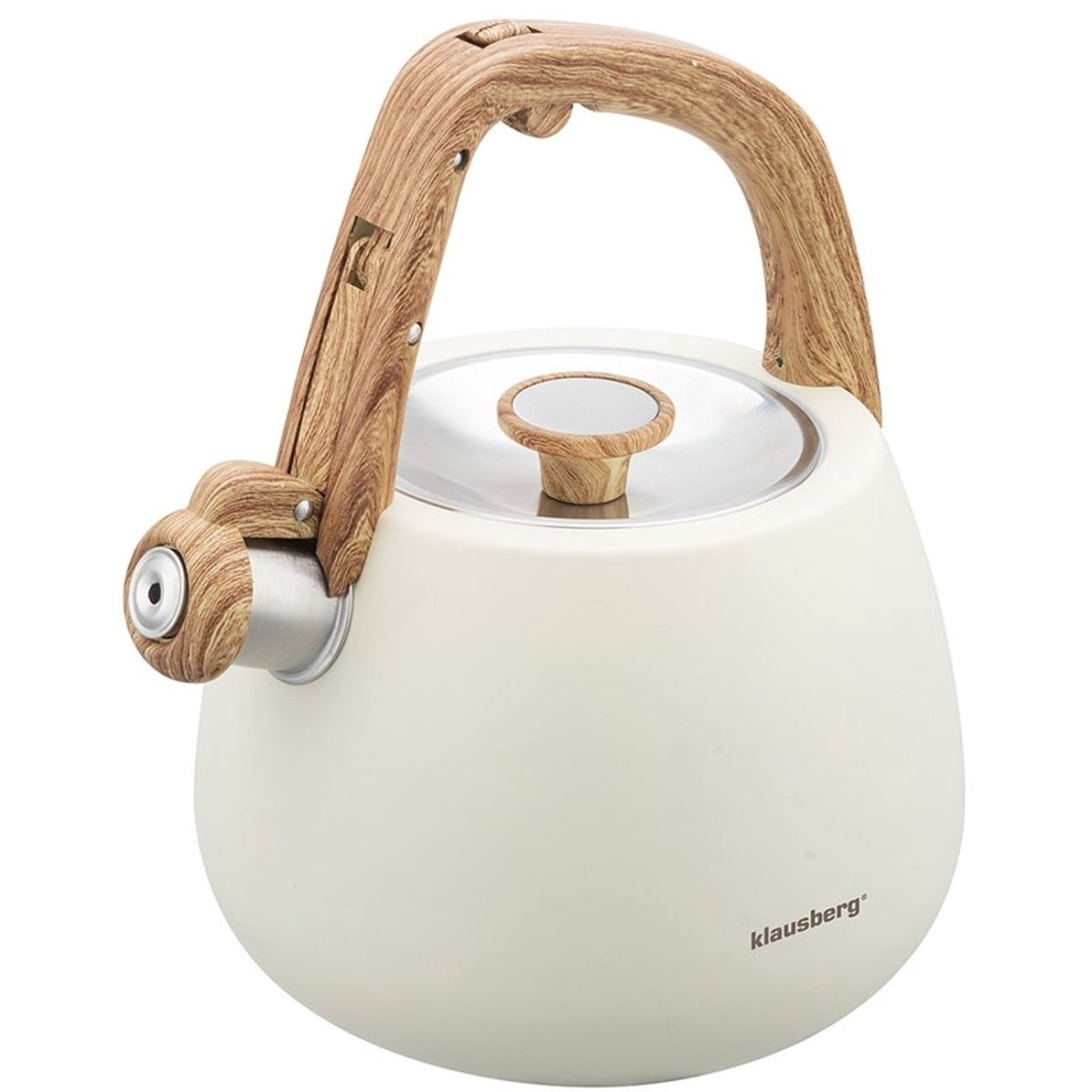 Klausberg 7775 - Fluitketel met fluit - 2.5 liter - RVS - Wit met houten handgreep - MODESTNOVA