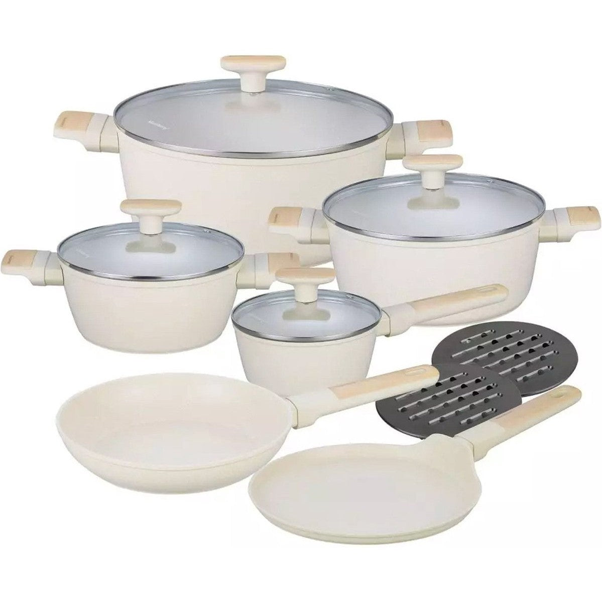 Klausberg 7833 - 12-delige Marmeren Pannenset in Beige - Compleet en Functioneel Kookgerei met Glazen Deksels