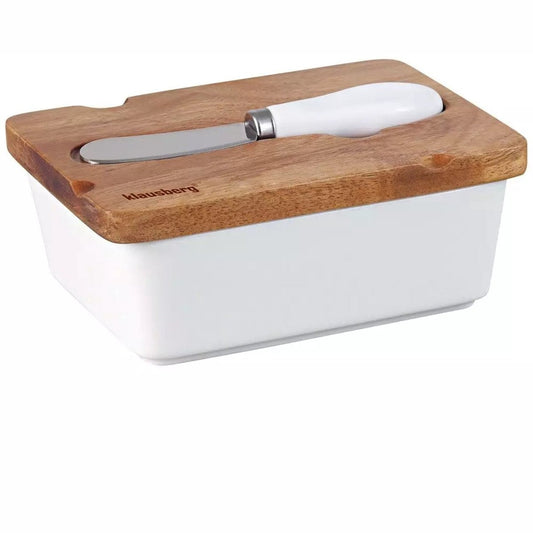 Klausberg Boterpot van Keramiek - Wit, Acaciahouten Deksel en Botermes - Stijlvol en Functioneel - Botervloot - Vershoudbakje Kaas