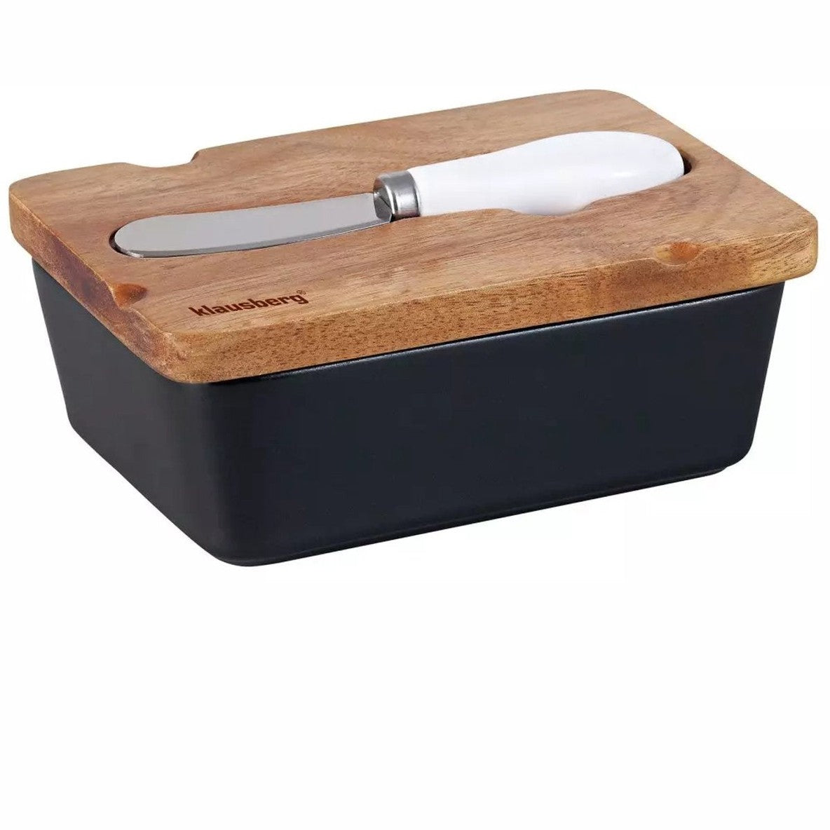 Klausberg Botervloot van Keramiek - Zwart met Acacia Houten Deksel en Roestvrijstalen Botermes - Frisheidgarantie voor Boter en Kaas