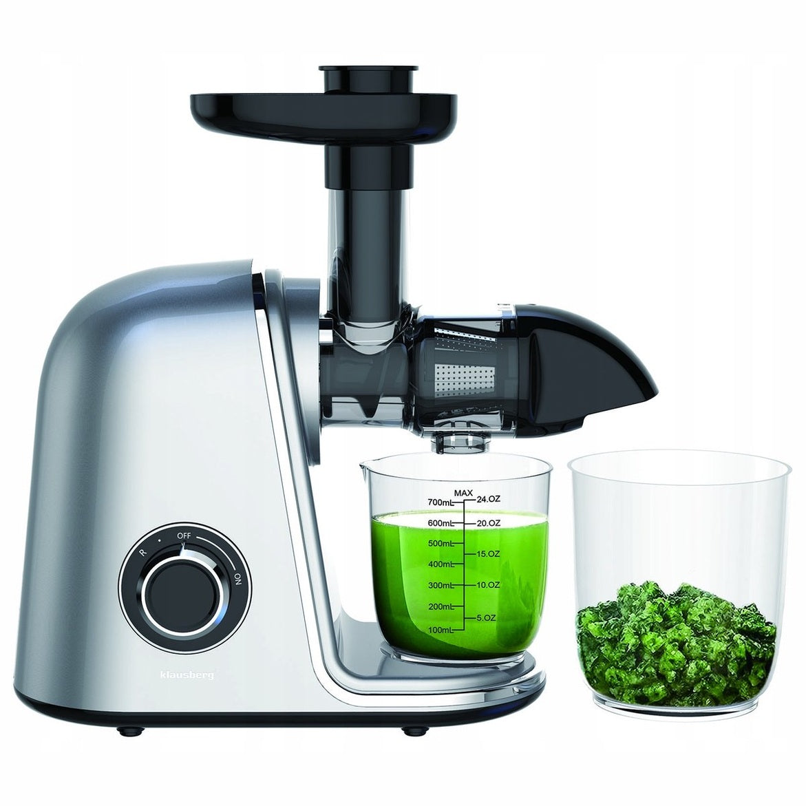 Klausberg KB-7868 Slow Juicer – 150W | Cold Press | Groenten en Fruitpers – Met Pulpreservoir | Grijs | Stille Horizontale Juicer met 7-Traps Perssysteem