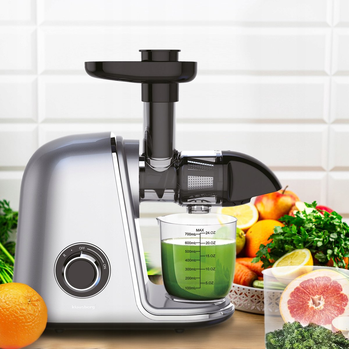 Klausberg KB-7868 Slow Juicer – 150W | Cold Press | Groenten en Fruitpers – Met Pulpreservoir | Grijs | Stille Horizontale Juicer met 7-Traps Perssysteem
