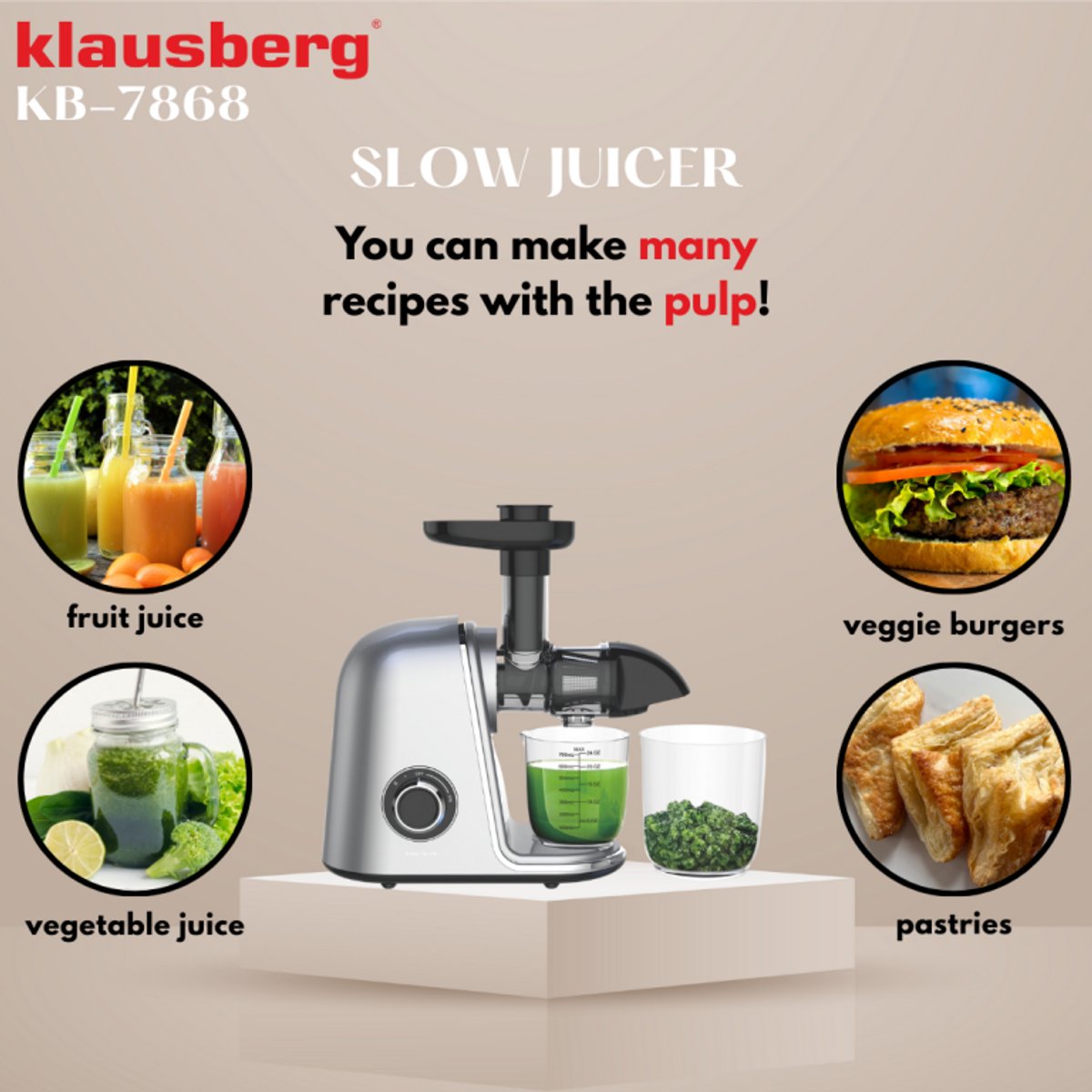 Klausberg KB-7868 Slow Juicer – 150W | Cold Press | Groenten en Fruitpers – Met Pulpreservoir | Grijs | Stille Horizontale Juicer met 7-Traps Perssysteem