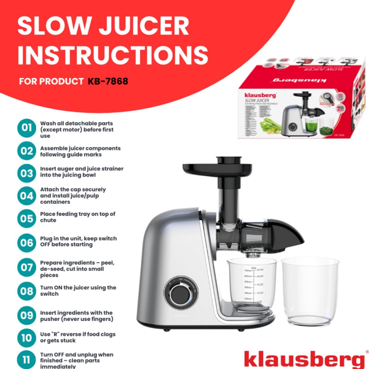 Klausberg KB-7868 Slow Juicer – 150W | Cold Press | Groenten en Fruitpers – Met Pulpreservoir | Grijs | Stille Horizontale Juicer met 7-Traps Perssysteem