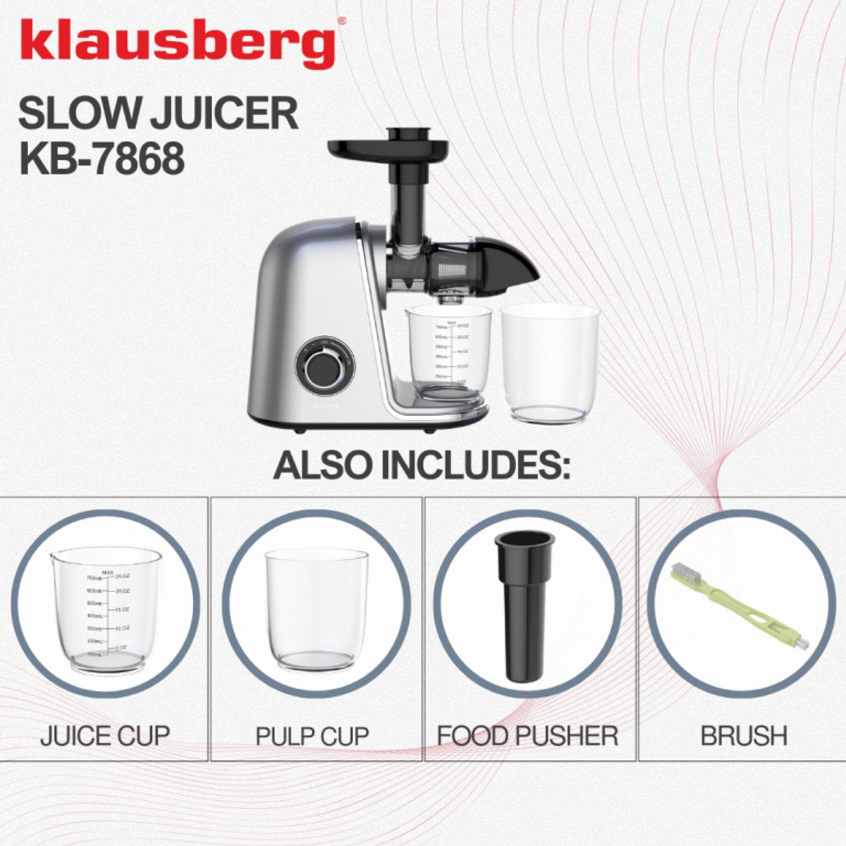 Klausberg KB-7868 Slow Juicer – 150W | Cold Press | Groenten en Fruitpers – Met Pulpreservoir | Grijs | Stille Horizontale Juicer met 7-Traps Perssysteem