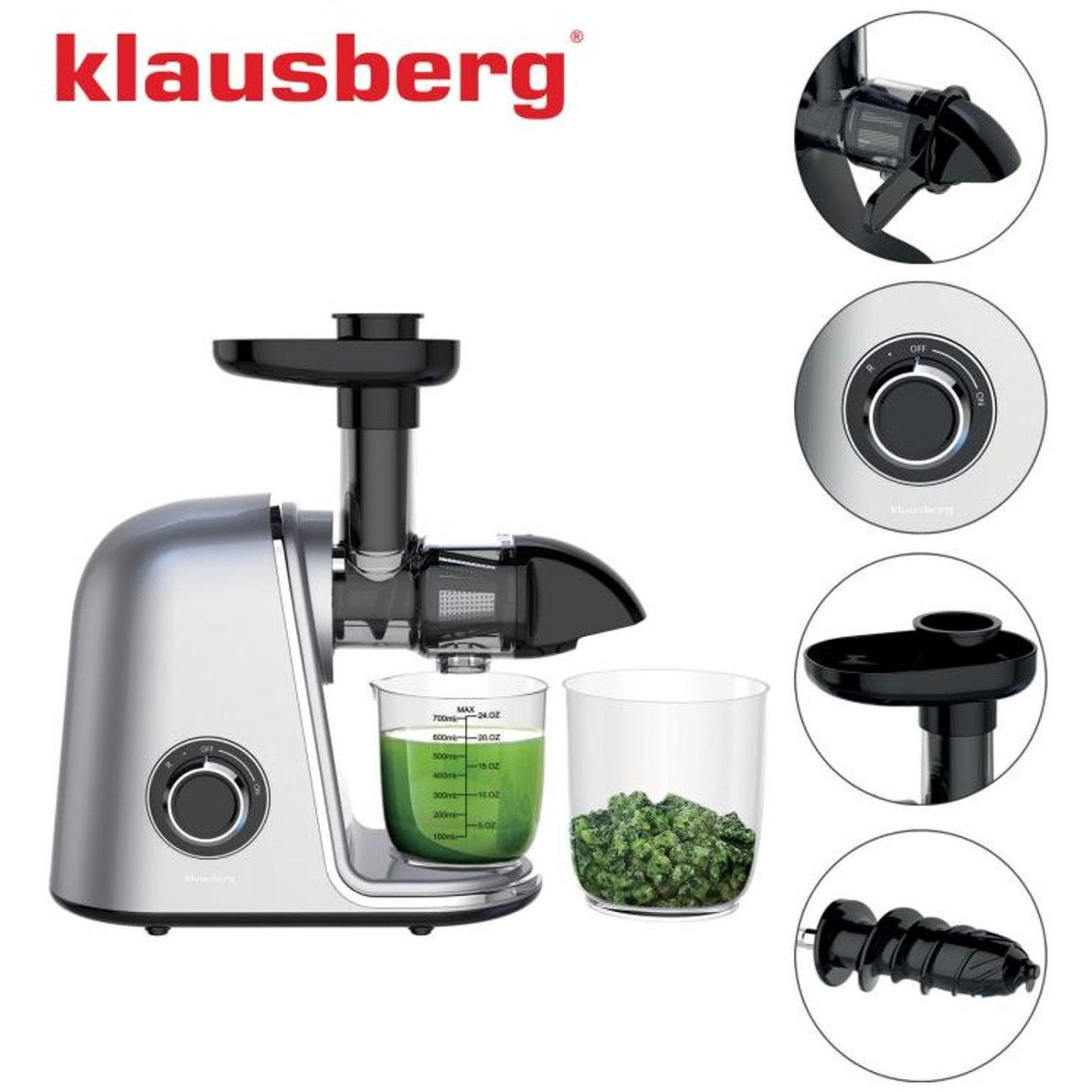 Klausberg KB-7868 Slow Juicer – 150W | Cold Press | Groenten en Fruitpers – Met Pulpreservoir | Grijs | Stille Horizontale Juicer met 7-Traps Perssysteem