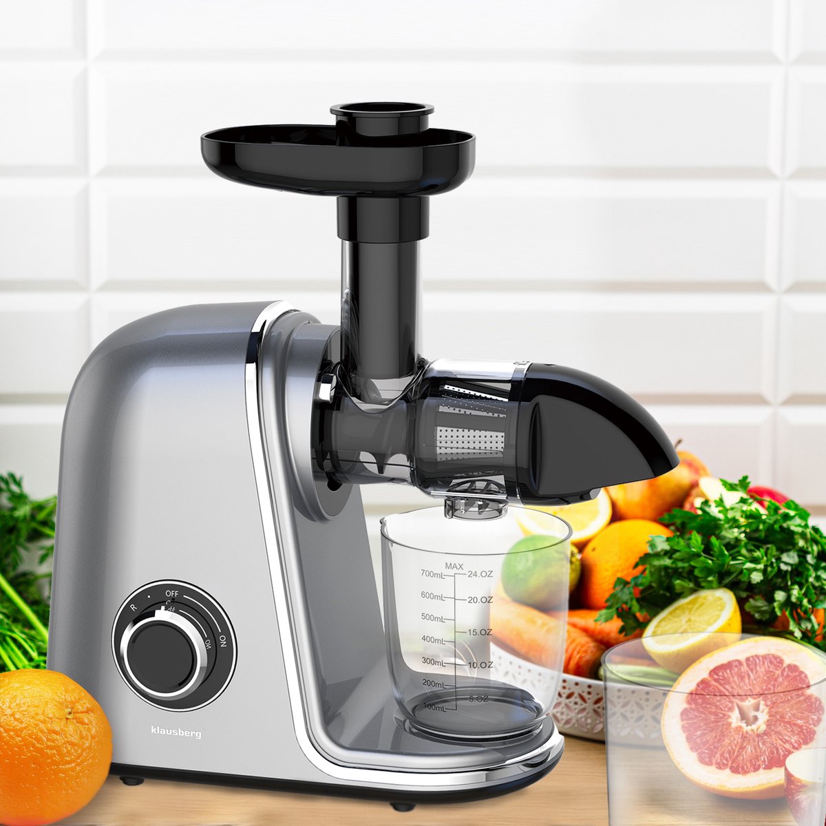 Klausberg KB-7868 Slow Juicer – 150W | Cold Press | Groenten en Fruitpers – Met Pulpreservoir | Grijs | Stille Horizontale Juicer met 7-Traps Perssysteem