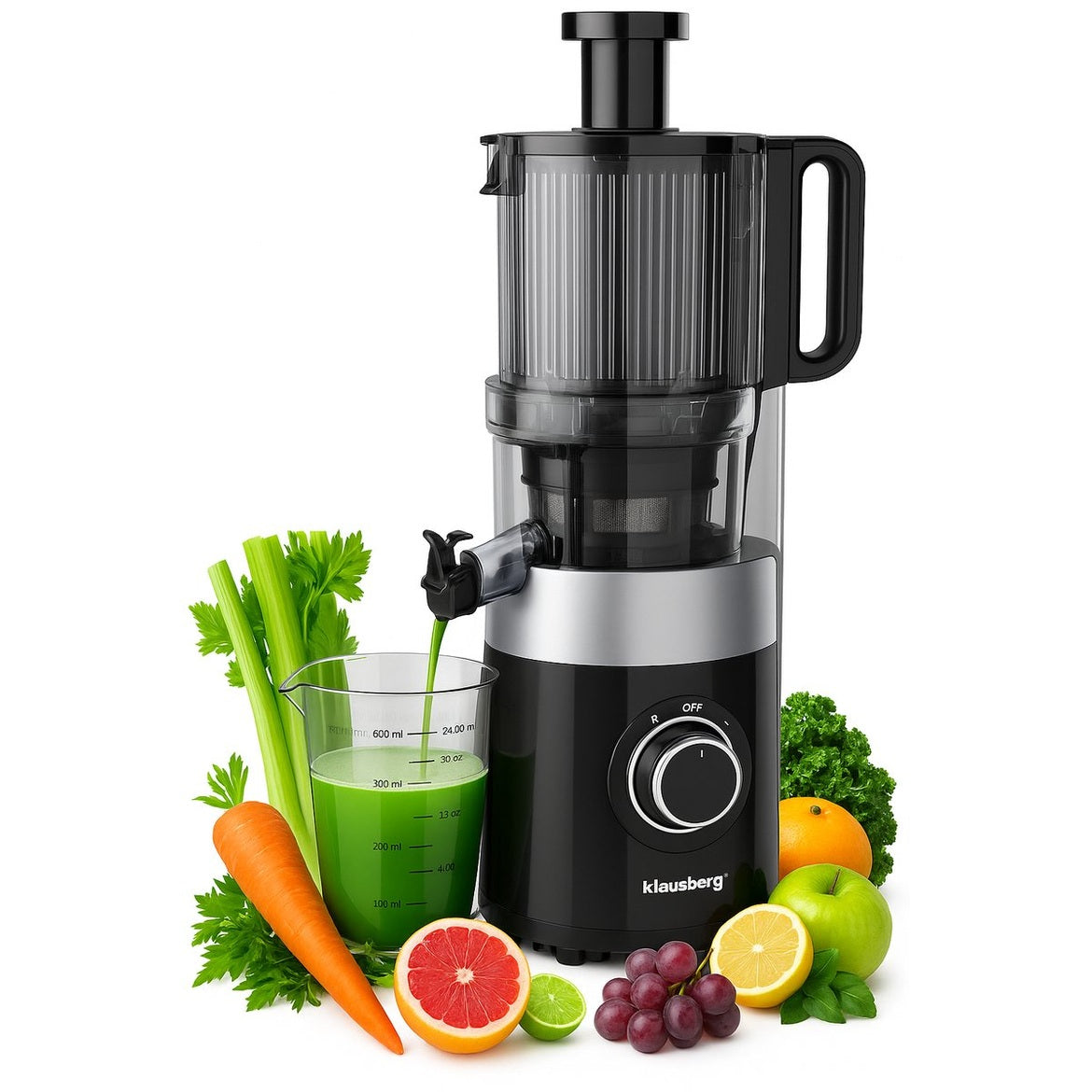 Klausberg KB-7871 Slowjuicer – Cold Press - Stille verticale juicer sapcentrifuge met brede vulopening – Fruitpers - Zwart/Zilver