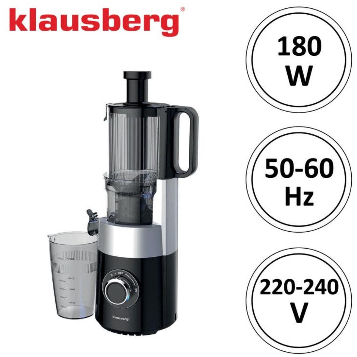 Klausberg KB-7871 Slowjuicer – Cold Press - Stille verticale juicer sapcentrifuge met brede vulopening – Fruitpers - Zwart/Zilver