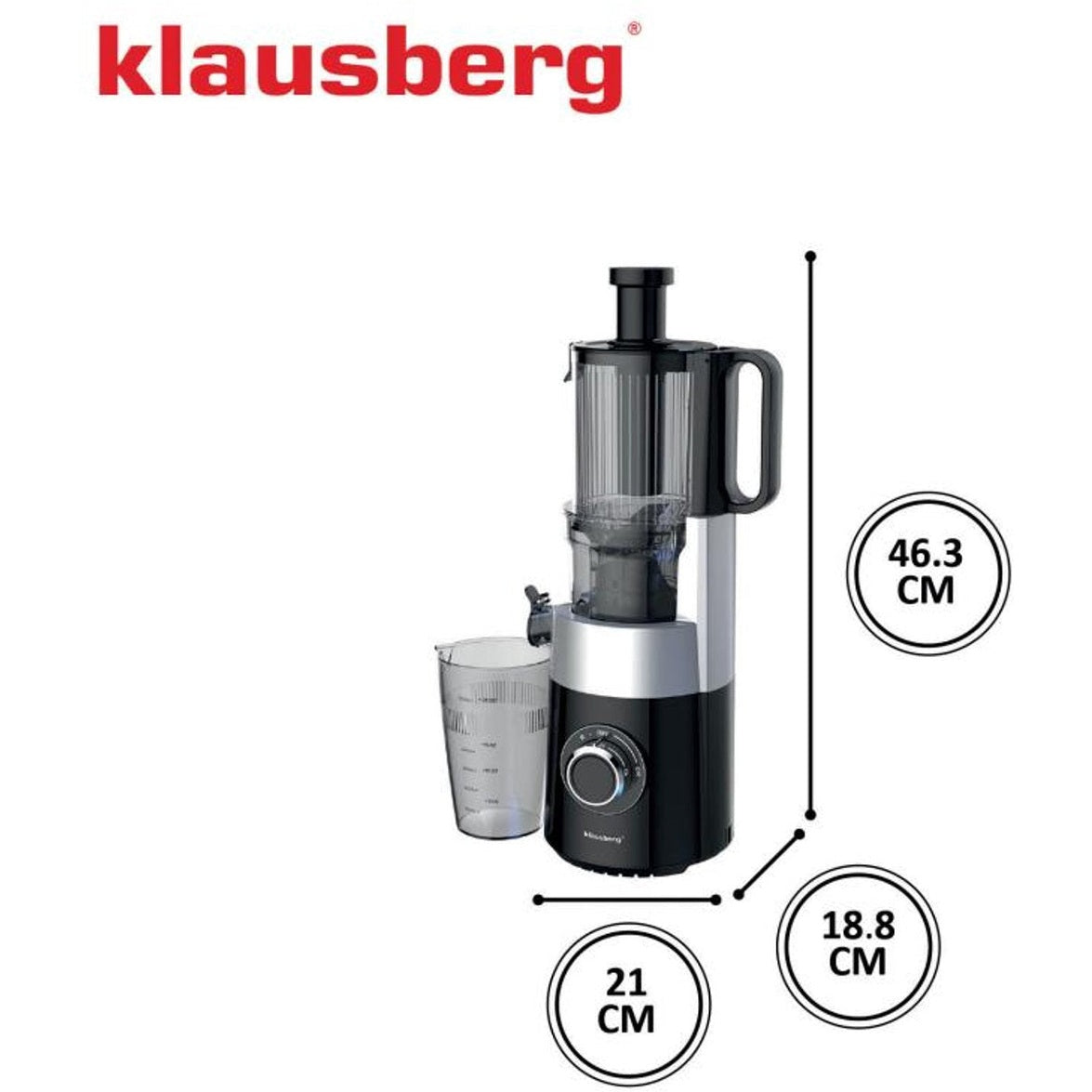 Klausberg KB-7871 Slowjuicer – Cold Press - Stille verticale juicer sapcentrifuge met brede vulopening – Fruitpers - Zwart/Zilver