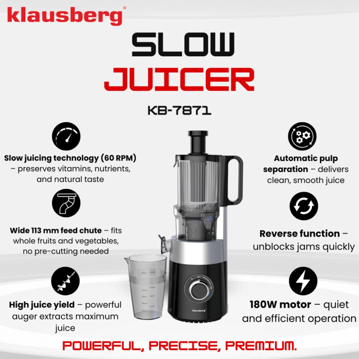 Klausberg KB-7871 Slowjuicer – Cold Press - Stille verticale juicer sapcentrifuge met brede vulopening – Fruitpers - Zwart/Zilver