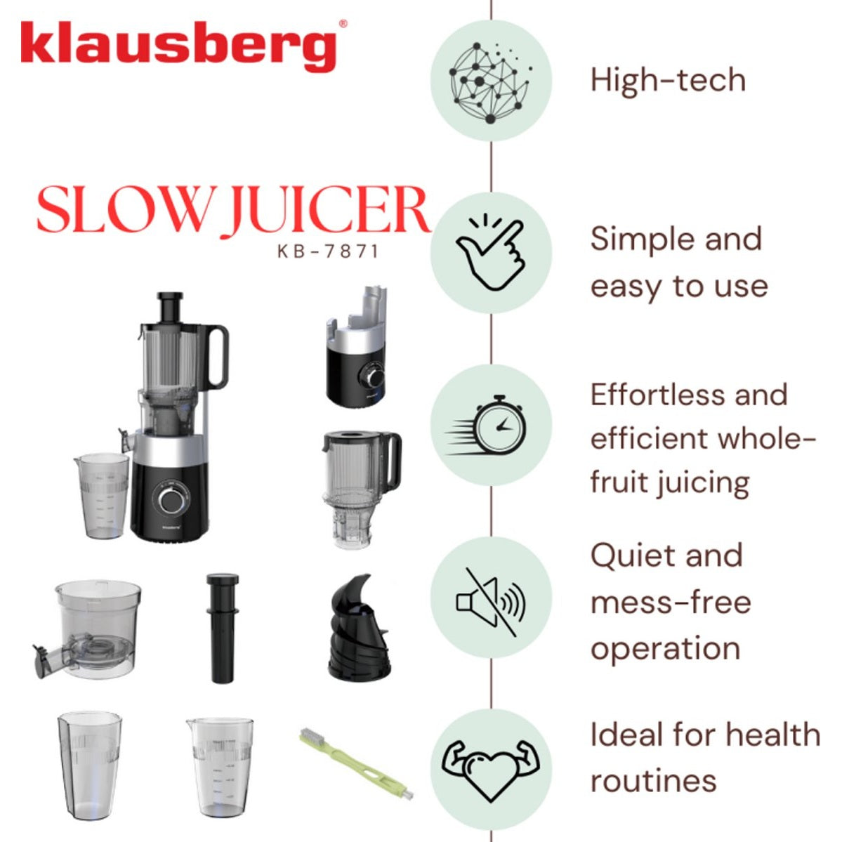 Klausberg KB-7871 Slowjuicer – Cold Press - Stille verticale juicer sapcentrifuge met brede vulopening – Fruitpers - Zwart/Zilver
