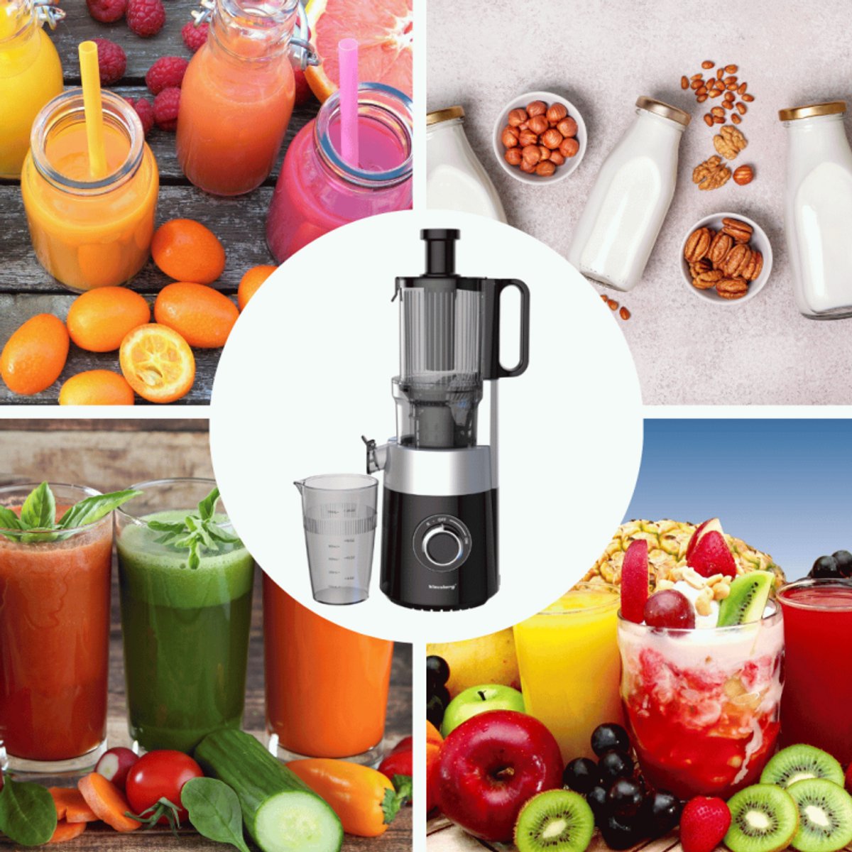 Klausberg KB-7871 Slowjuicer – Cold Press - Stille verticale juicer sapcentrifuge met brede vulopening – Fruitpers - Zwart/Zilver