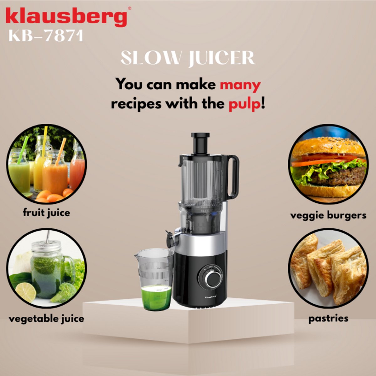 Klausberg KB-7871 Slowjuicer – Cold Press - Stille verticale juicer sapcentrifuge met brede vulopening – Fruitpers - Zwart/Zilver
