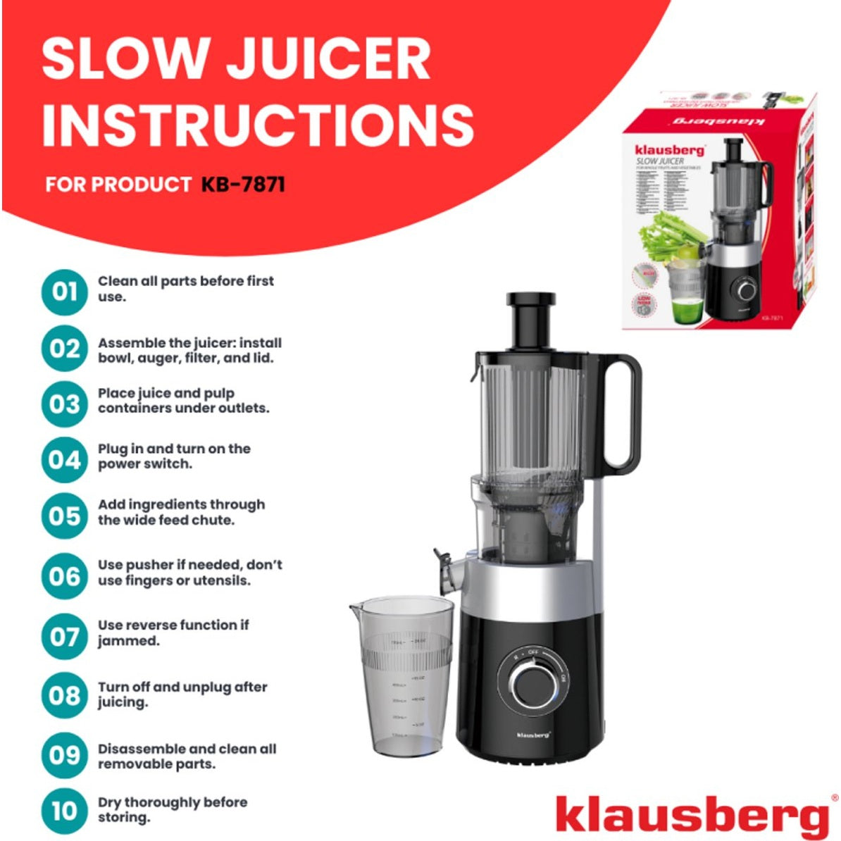 Klausberg KB-7871 Slowjuicer – Cold Press - Stille verticale juicer sapcentrifuge met brede vulopening – Fruitpers - Zwart/Zilver