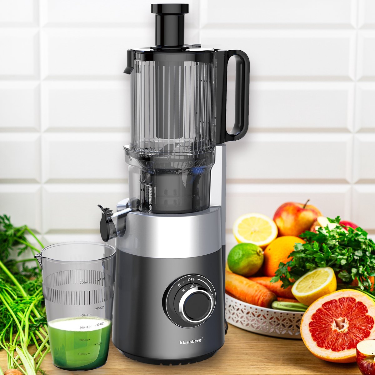 Klausberg KB-7881 Slowjuicer – Groenten- en Fruitpers | Cold Press | Brede XXL 113mm Invoer | RVS Behuizing | Stille Werking