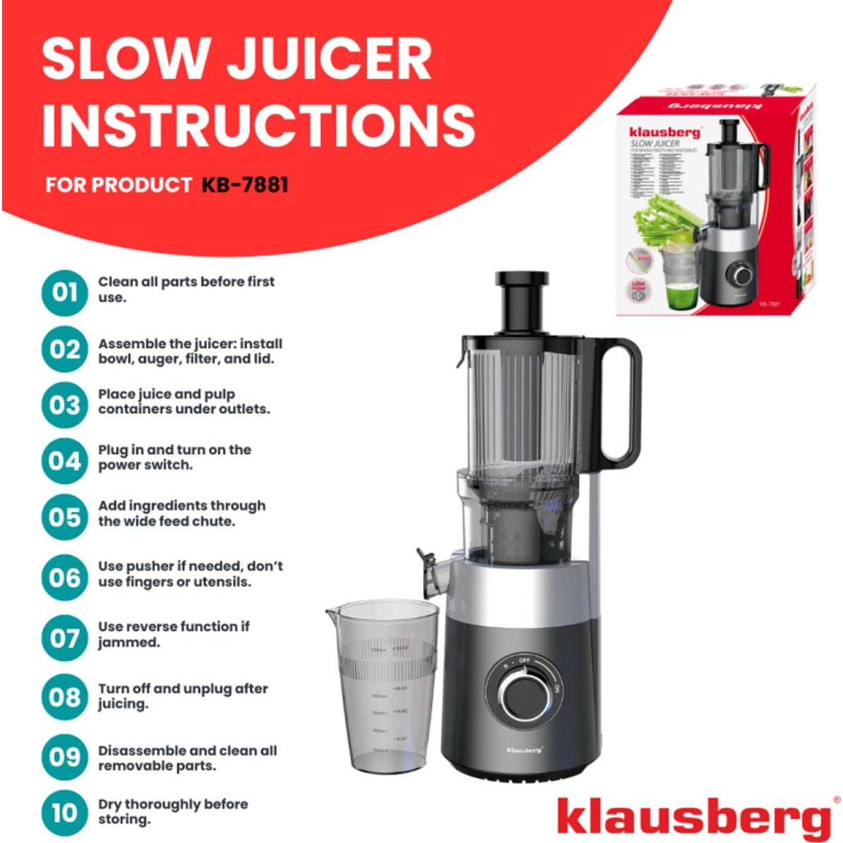 Klausberg KB-7881 Slowjuicer – Groenten- en Fruitpers | Cold Press | Brede XXL 113mm Invoer | RVS Behuizing | Stille Werking