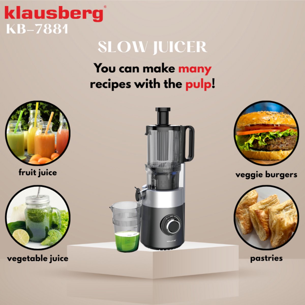 Klausberg KB-7881 Slowjuicer – Groenten- en Fruitpers | Cold Press | Brede XXL 113mm Invoer | RVS Behuizing | Stille Werking