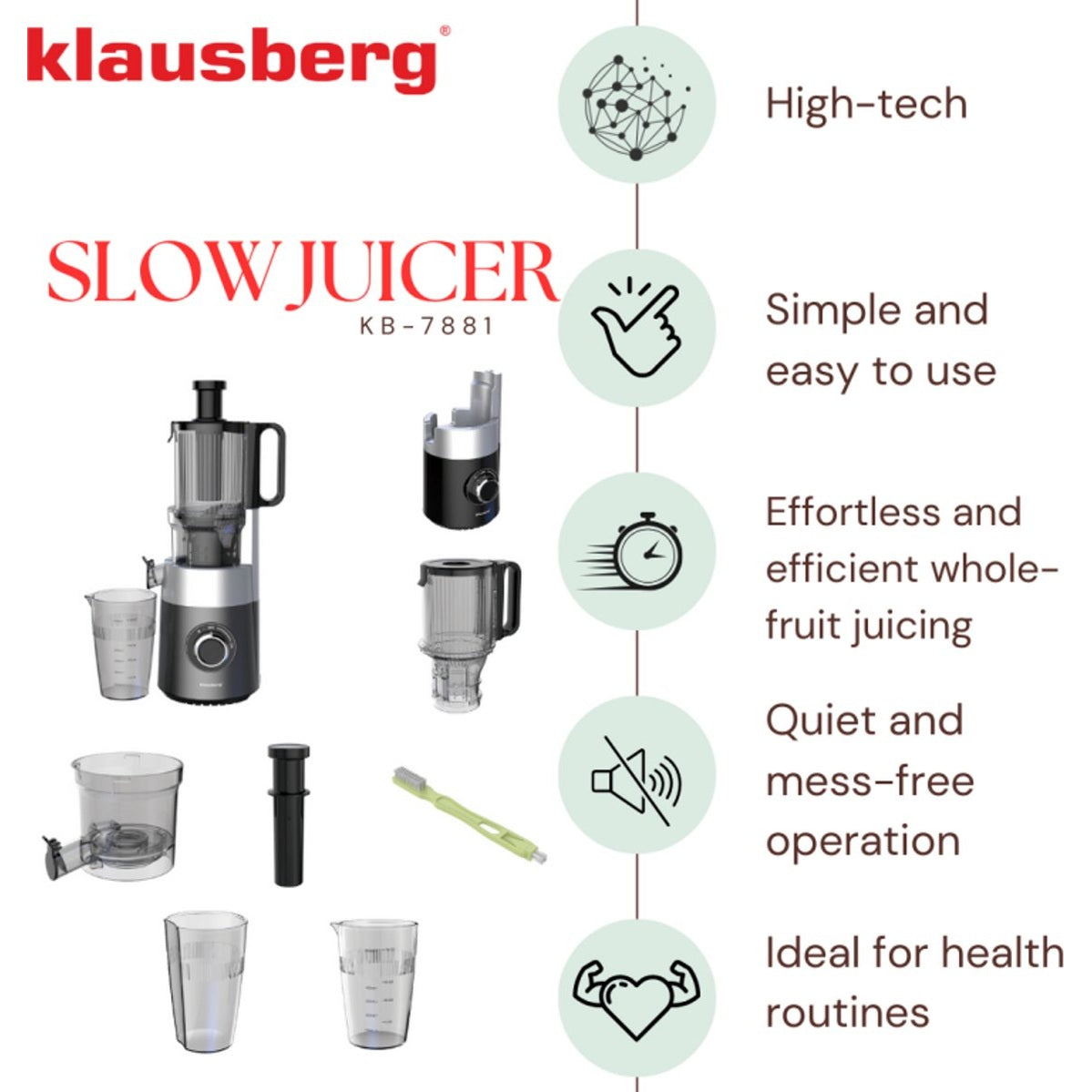 Klausberg KB-7881 Slowjuicer – Groenten- en Fruitpers | Cold Press | Brede XXL 113mm Invoer | RVS Behuizing | Stille Werking