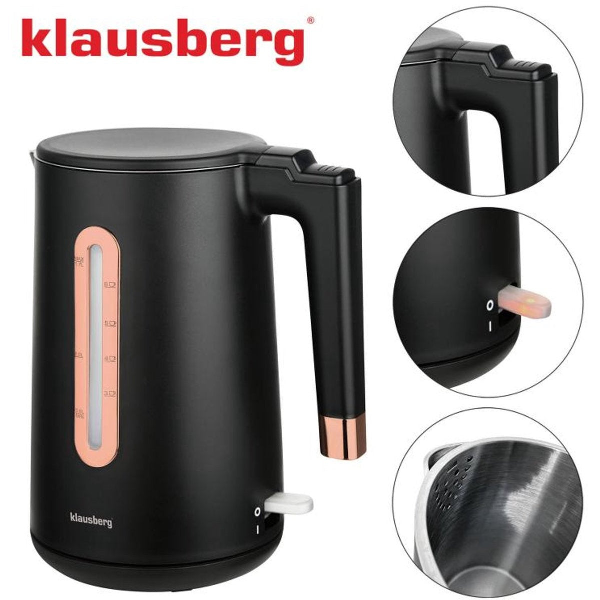 Klausberg KB-7889 Elektrische Waterkoker - 1,7L - Zwart/Rose Goud - 2200W - RVS & PP - Veilig & Stijlvol - Rose Gold